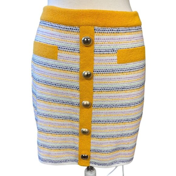 Milly Striped Yellow Tweed Pull-on Elastic Waist Mini Skirt Button Accents L NWT - Picture 1 of 9